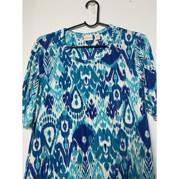 Chico's Pullover Top Blouse Blue Short Sleeves Asymmetric Embroidered hem Size 1 - Picture 11 of 12